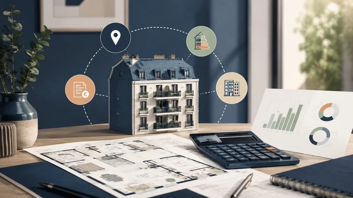 Analyse d’un premier investissement locatif avec plan, calculatrice et indicateurs clés