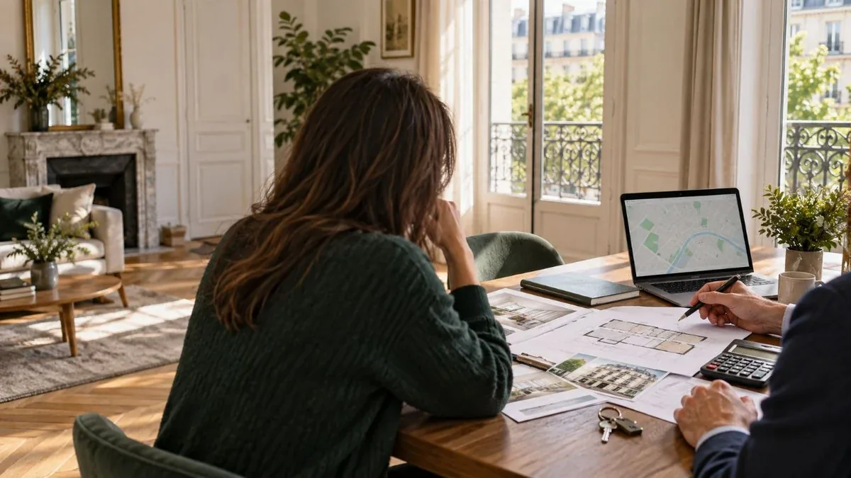 Acheteuse préparant une offre immobilière avec un dossier, un plan et une calculatrice