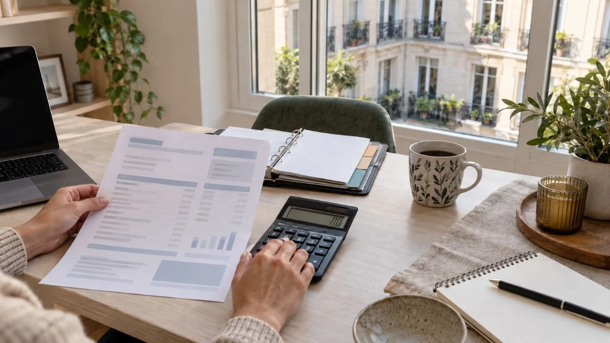 Propriétaire vérifiant un relevé de charges de copropriété avec une calculatrice