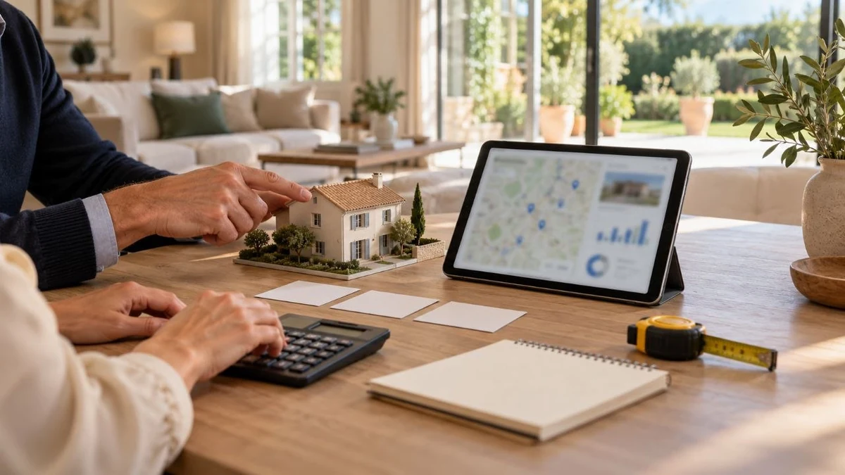 Propriétaire et professionnelle comparant plusieurs méthodes d’estimation immobilière